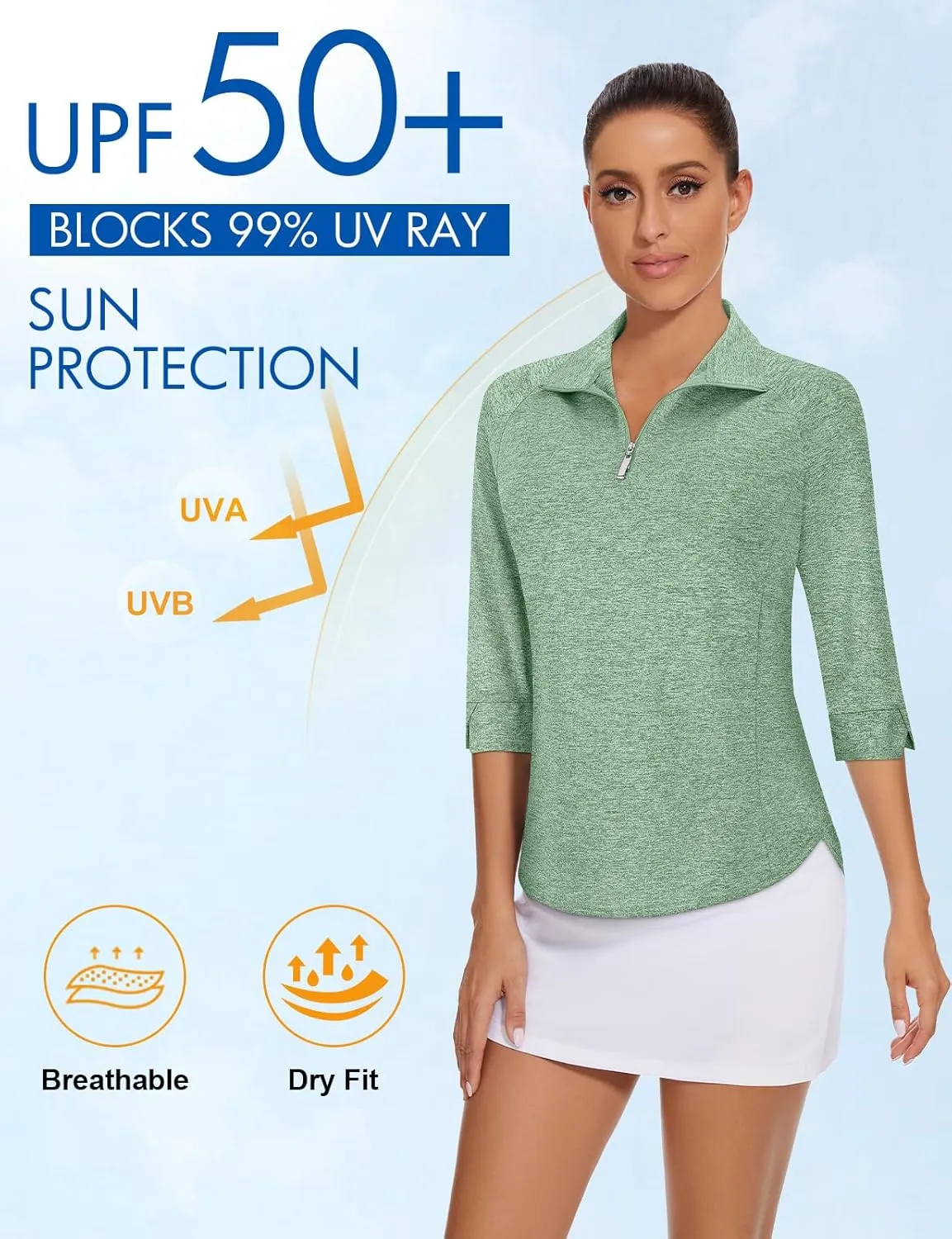 Cucuchy Style Womens Golf Shirt 3/4 Sleeve Quarter Zip Workout Tennis Tops Quick Dry UPF 50  Shirts