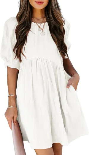 Dokotoo Womens 2025 Spring Summer Crewneck Puff Sleeve Babydoll Elegant Empire Waist Mini Swing Skater Dresses with Pockets