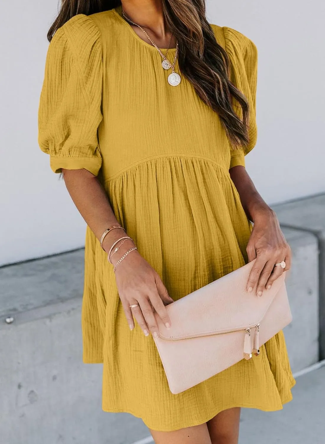 Dokotoo Womens 2025 Spring Summer Crewneck Puff Sleeve Babydoll Elegant Empire Waist Mini Swing Skater Dresses with Pockets