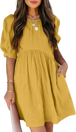 Dokotoo Womens 2025 Spring Summer Crewneck Puff Sleeve Babydoll Elegant Empire Waist Mini Swing Skater Dresses with Pockets