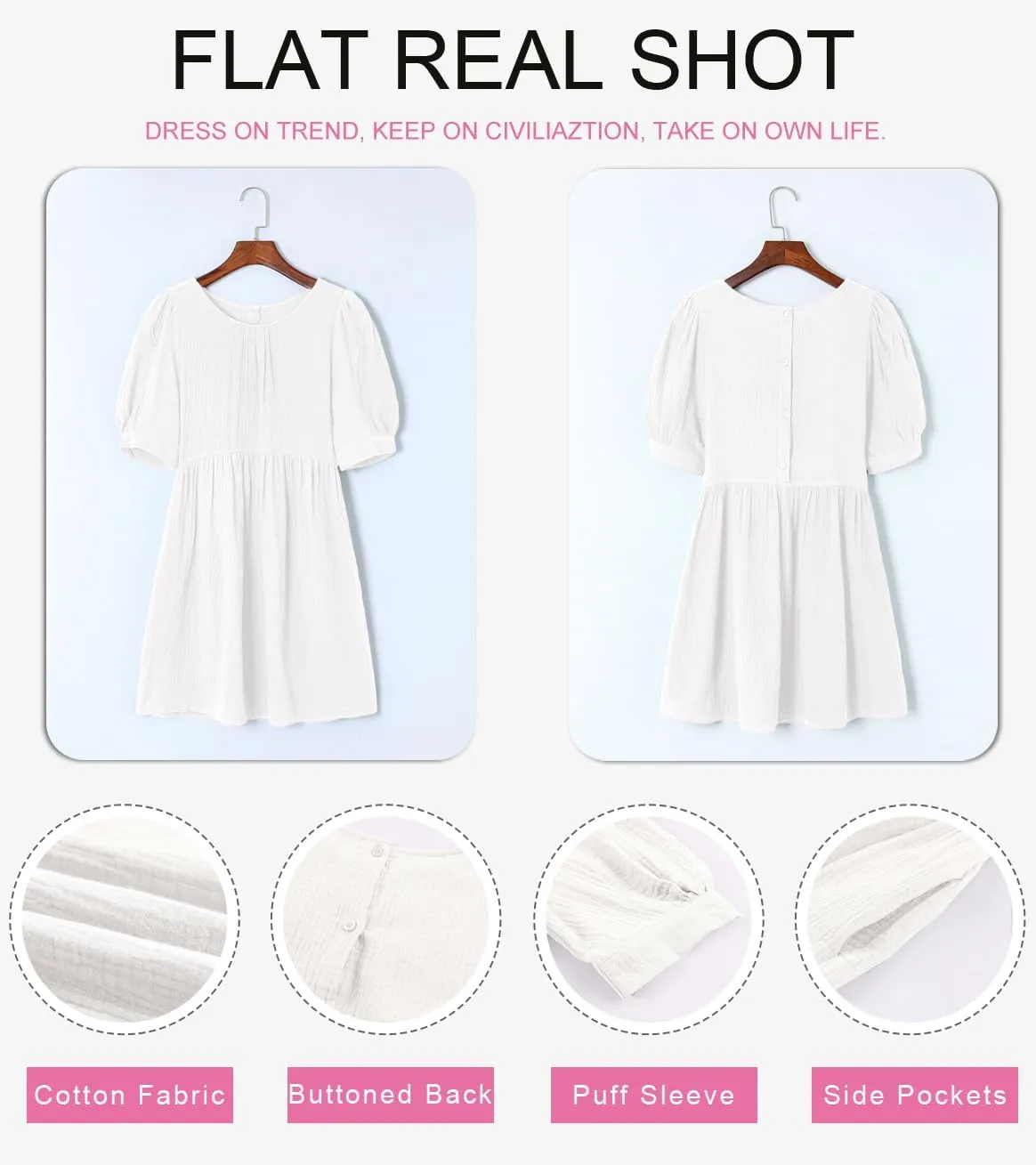 Dokotoo Womens 2025 Spring Summer Crewneck Puff Sleeve Babydoll Elegant Empire Waist Mini Swing Skater Dresses with Pockets
