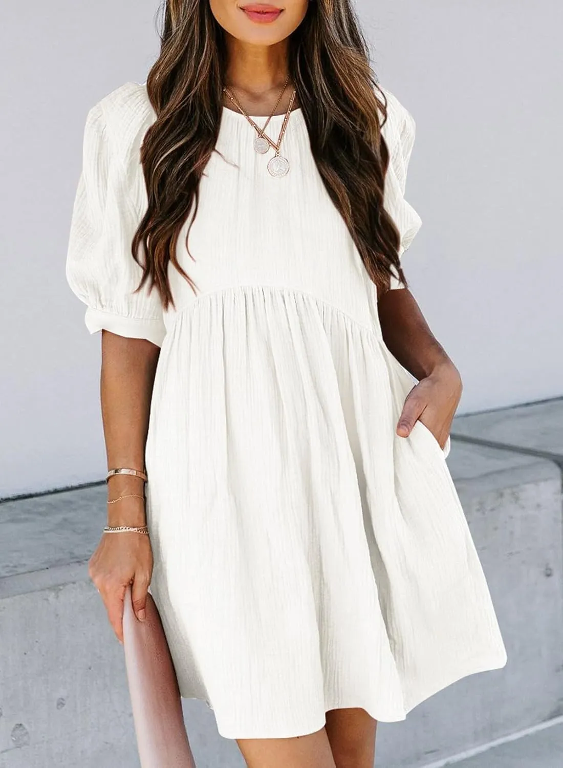Dokotoo Womens 2025 Spring Summer Crewneck Puff Sleeve Babydoll Elegant Empire Waist Mini Swing Skater Dresses with Pockets