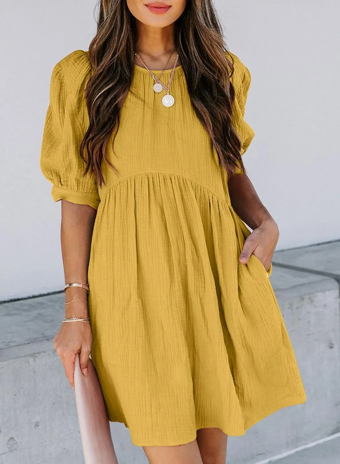 Dokotoo Womens 2025 Spring Summer Crewneck Puff Sleeve Babydoll Elegant Empire Waist Mini Swing Skater Dresses with Pockets