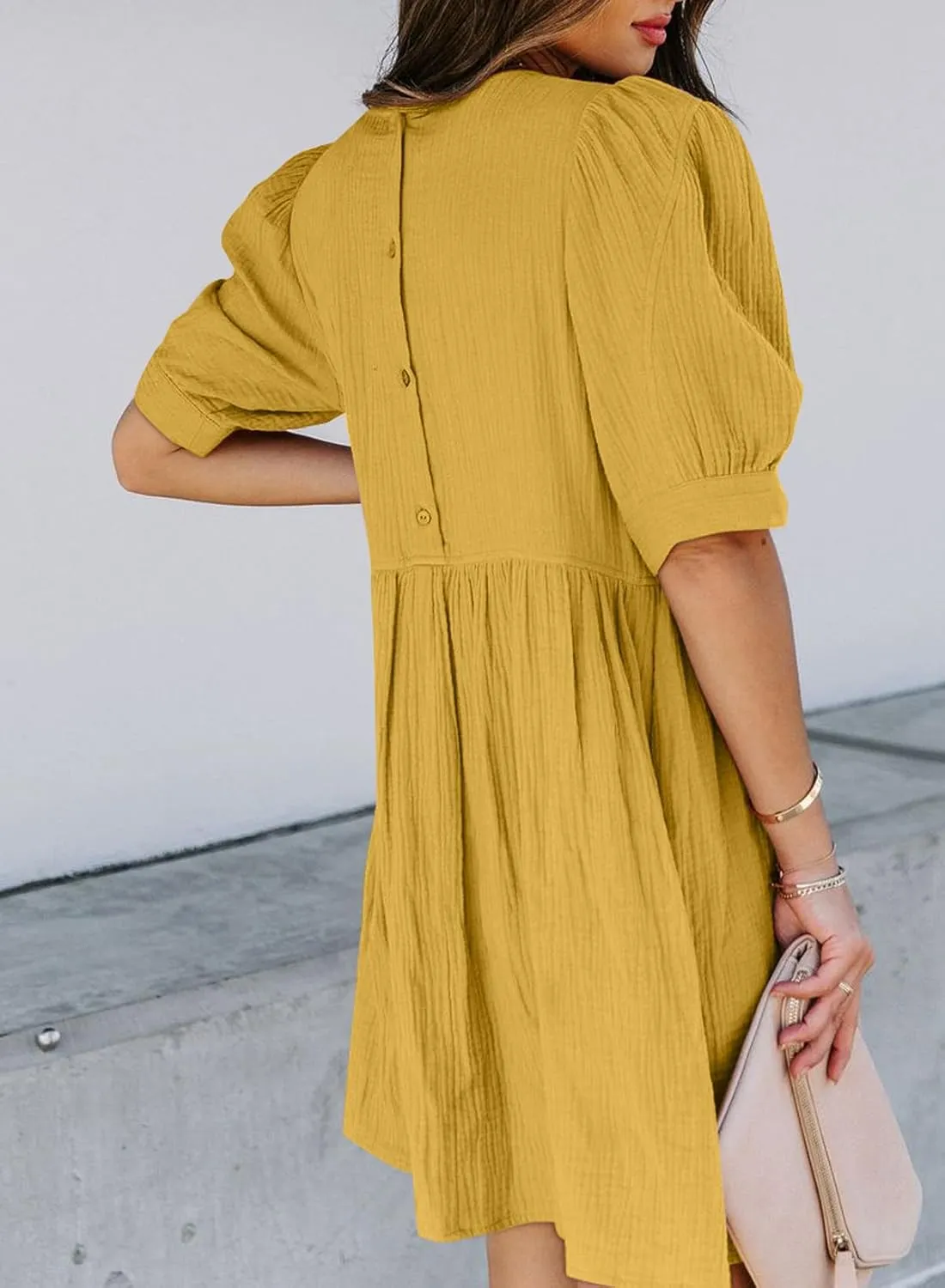 Dokotoo Womens 2025 Spring Summer Crewneck Puff Sleeve Babydoll Elegant Empire Waist Mini Swing Skater Dresses with Pockets