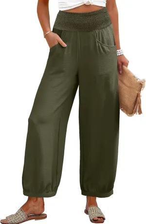 Dress Pants Women Plus Size Elastic Waist Summer Linen Pants Wide Leg Flowy Loose Fit Lightweight Beach Trousers