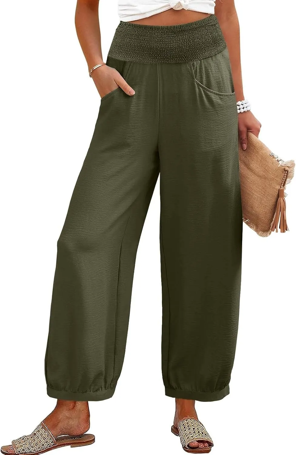 Dress Pants Women Plus Size Elastic Waist Summer Linen Pants Wide Leg Flowy Loose Fit Lightweight Beach Trousers