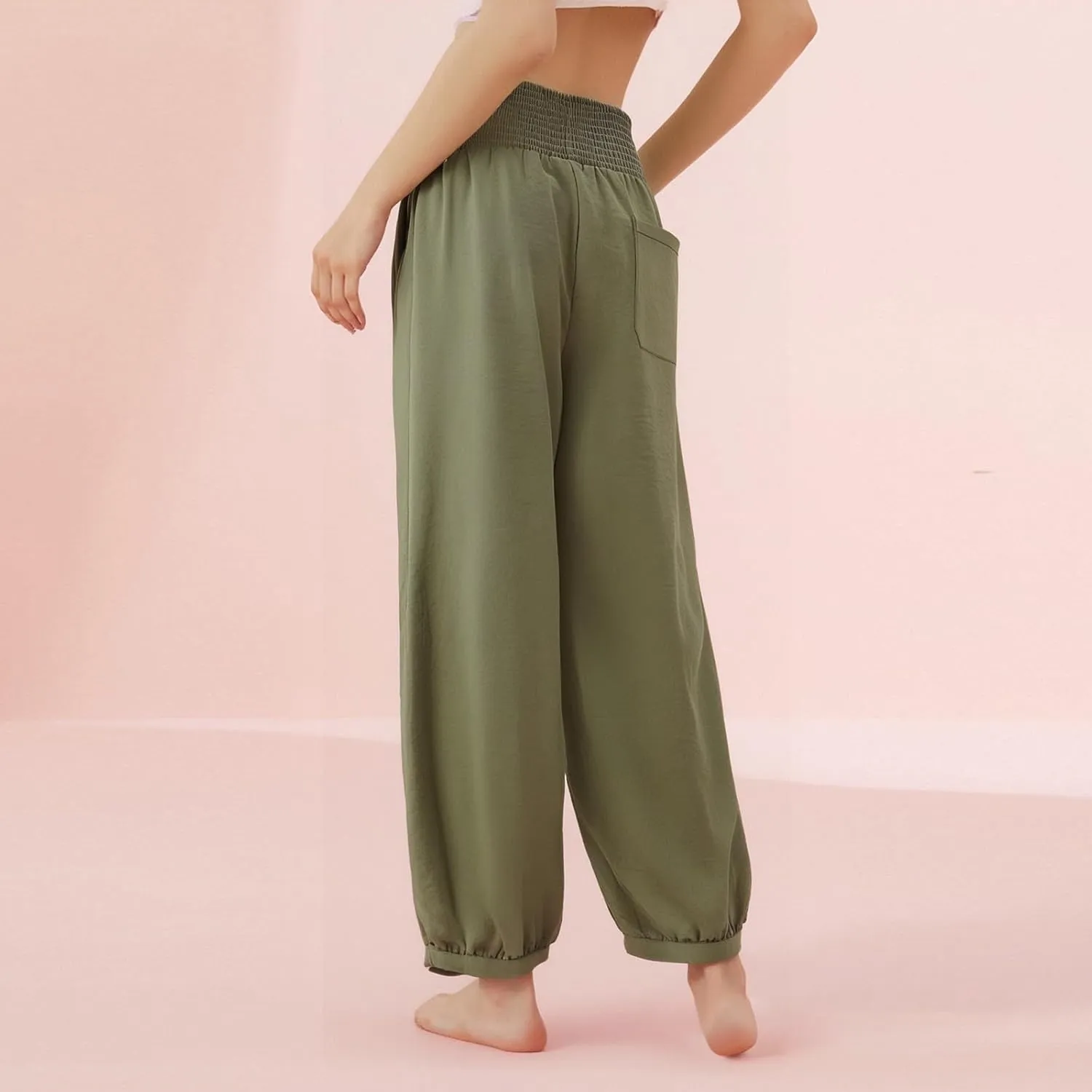 Dress Pants Women Plus Size Elastic Waist Summer Linen Pants Wide Leg Flowy Loose Fit Lightweight Beach Trousers