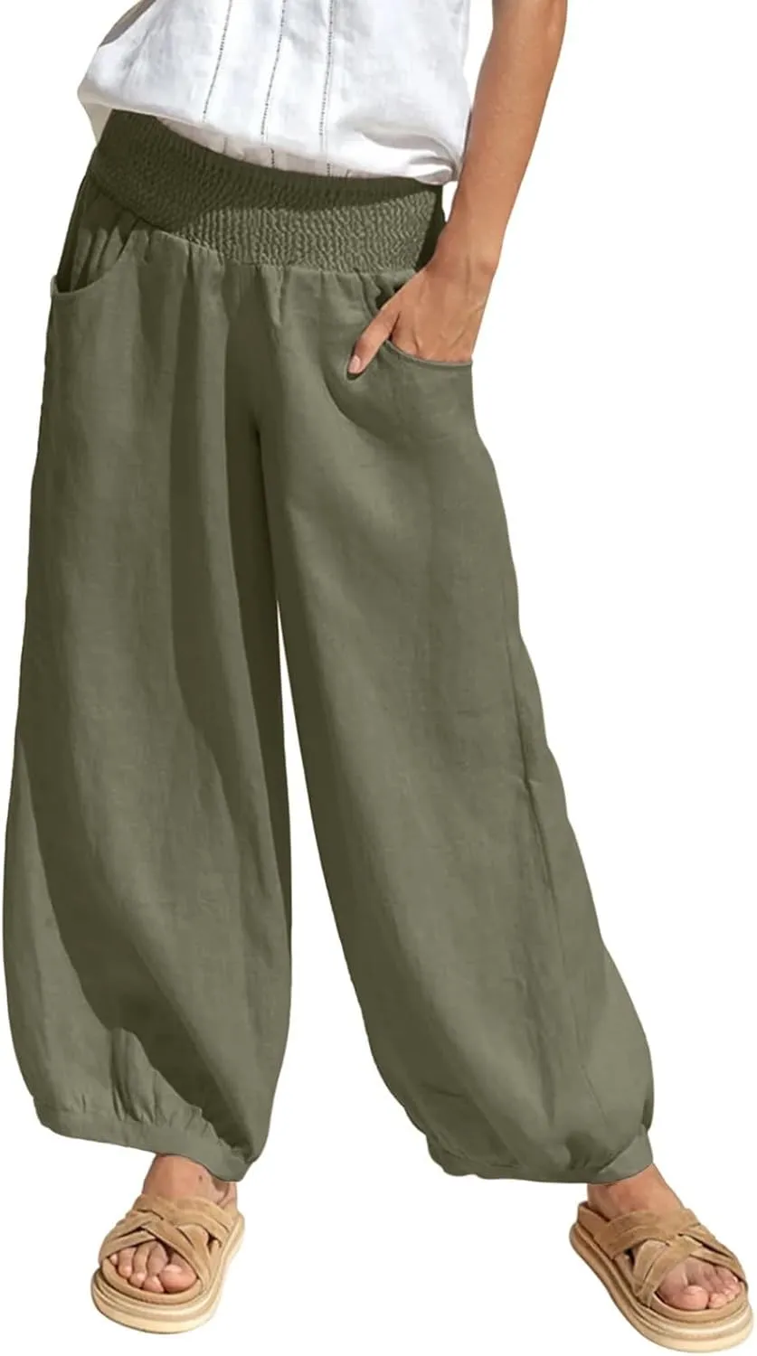 Dress Pants Women Plus Size Elastic Waist Summer Linen Pants Wide Leg Flowy Loose Fit Lightweight Beach Trousers