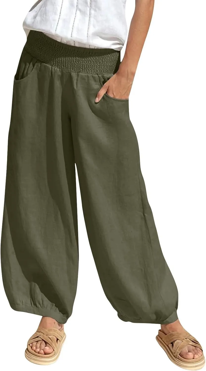 Dress Pants Women Plus Size Elastic Waist Summer Linen Pants Wide Leg Flowy Loose Fit Lightweight Beach Trousers