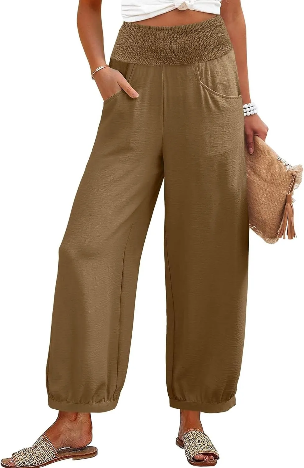 Dress Pants Women Plus Size Elastic Waist Summer Linen Pants Wide Leg Flowy Loose Fit Lightweight Beach Trousers