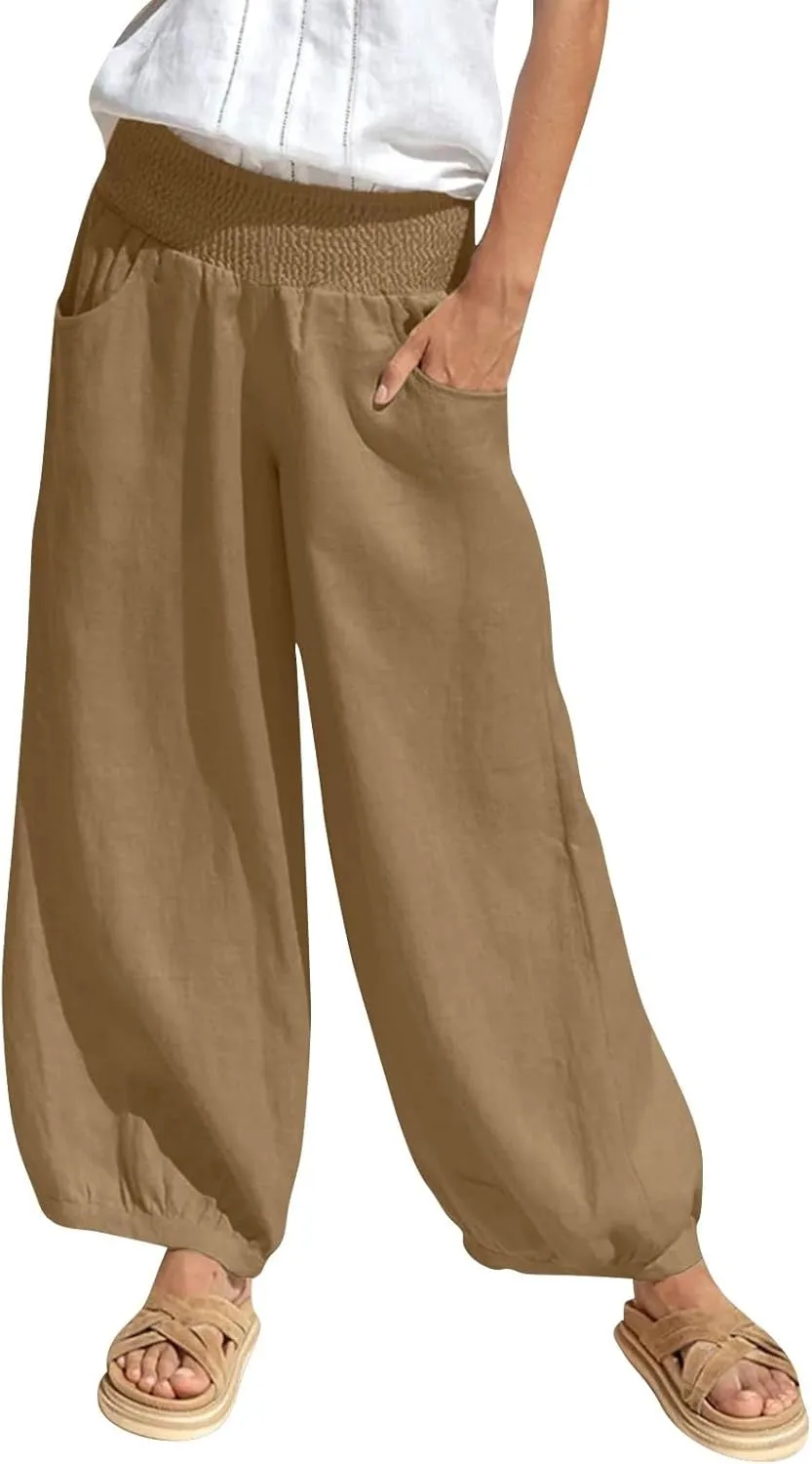 Dress Pants Women Plus Size Elastic Waist Summer Linen Pants Wide Leg Flowy Loose Fit Lightweight Beach Trousers
