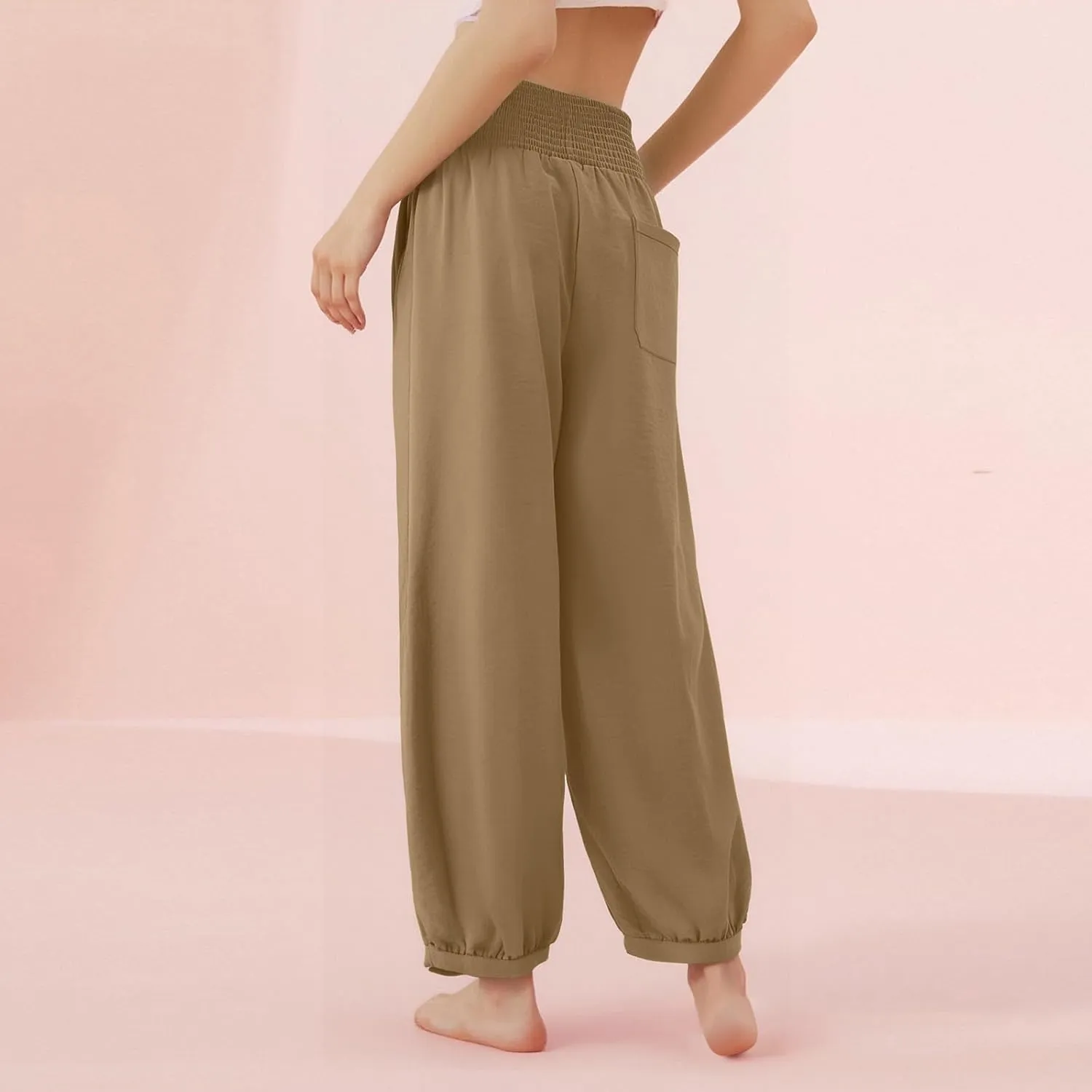 Dress Pants Women Plus Size Elastic Waist Summer Linen Pants Wide Leg Flowy Loose Fit Lightweight Beach Trousers