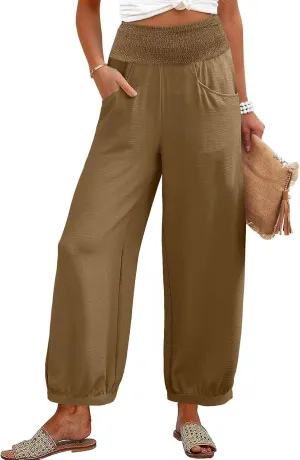Dress Pants Women Plus Size Elastic Waist Summer Linen Pants Wide Leg Flowy Loose Fit Lightweight Beach Trousers