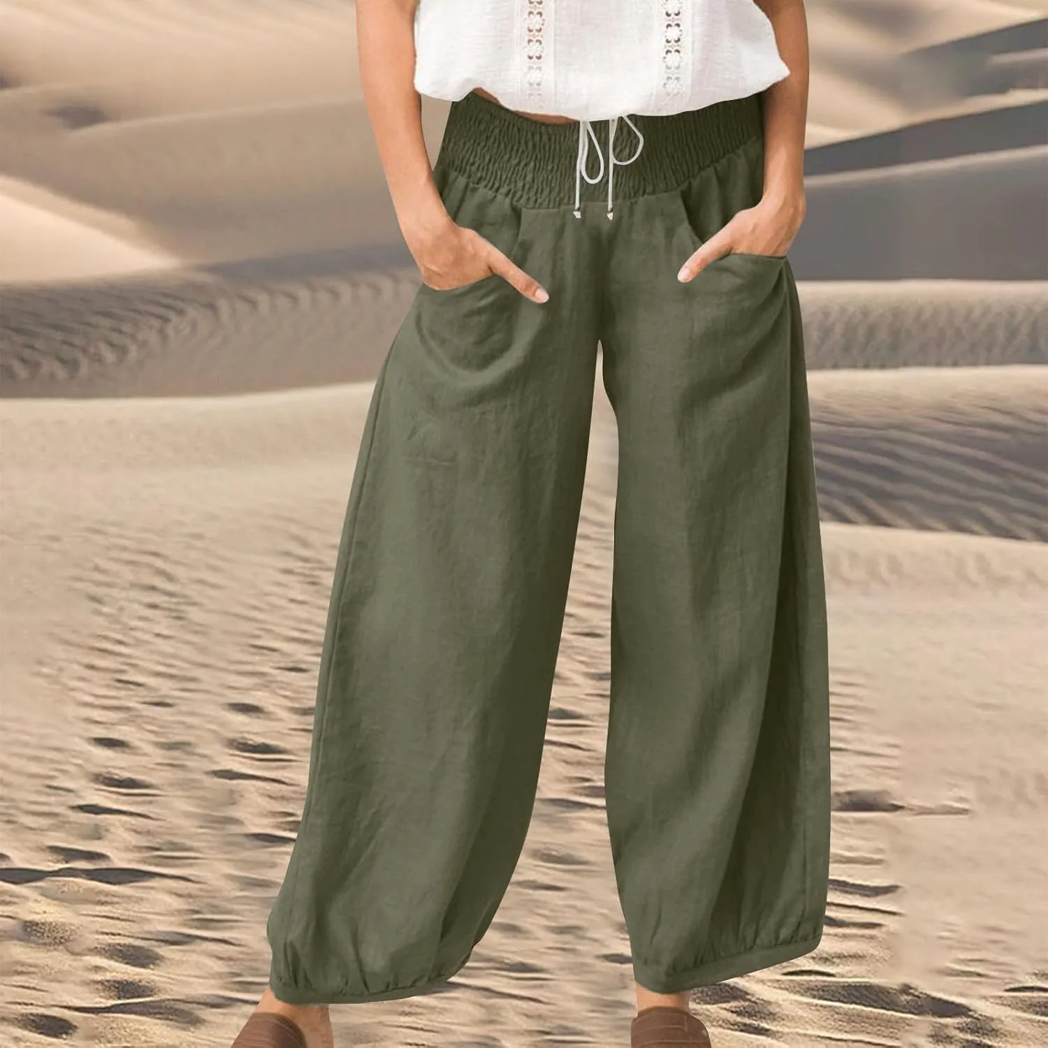 Dress Pants Women Plus Size Elastic Waist Summer Linen Pants Wide Leg Flowy Loose Fit Lightweight Beach Trousers