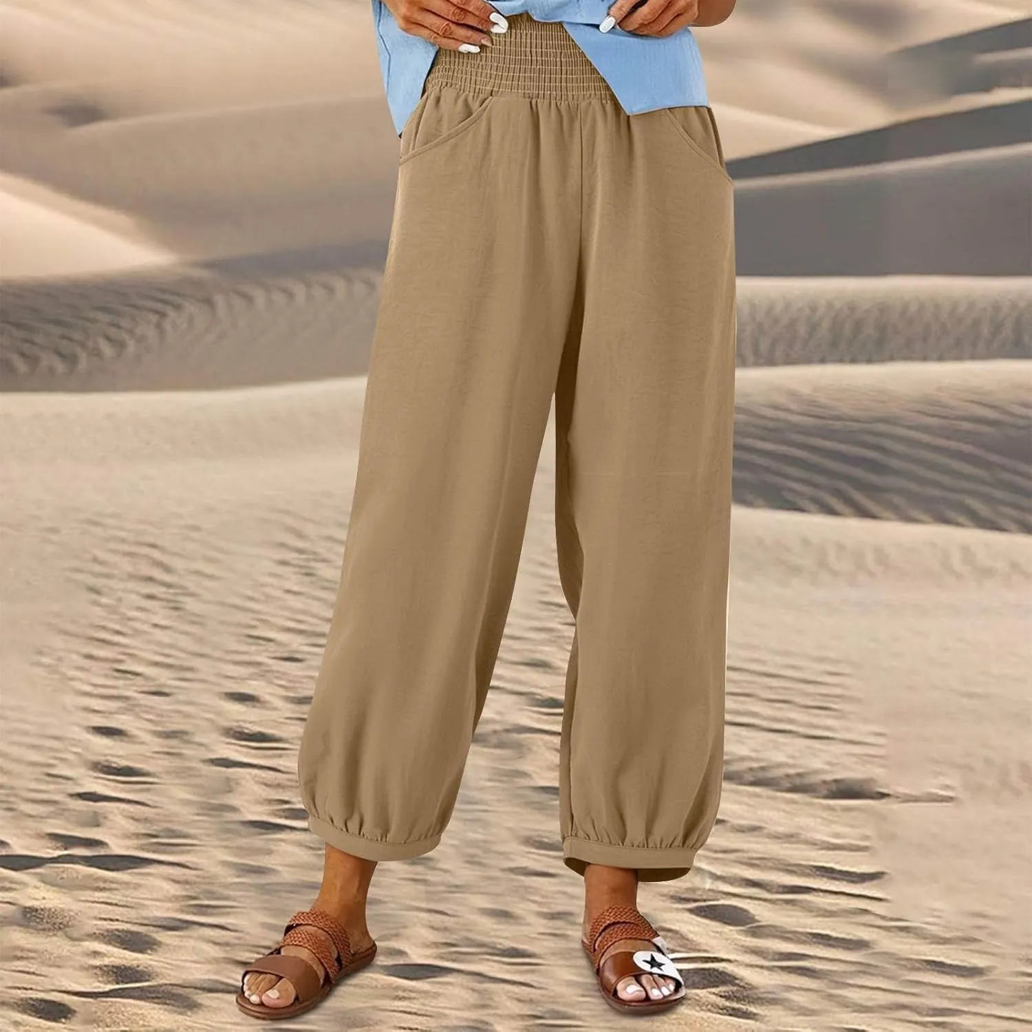 Dress Pants Women Plus Size Elastic Waist Summer Linen Pants Wide Leg Flowy Loose Fit Lightweight Beach Trousers