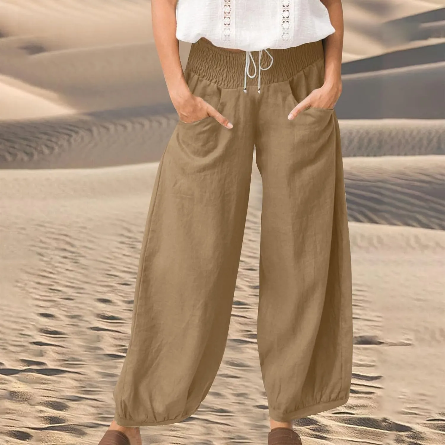 Dress Pants Women Plus Size Elastic Waist Summer Linen Pants Wide Leg Flowy Loose Fit Lightweight Beach Trousers