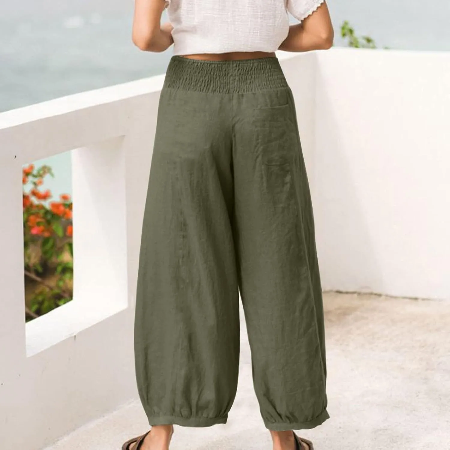 Dress Pants Women Plus Size Elastic Waist Summer Linen Pants Wide Leg Flowy Loose Fit Lightweight Beach Trousers