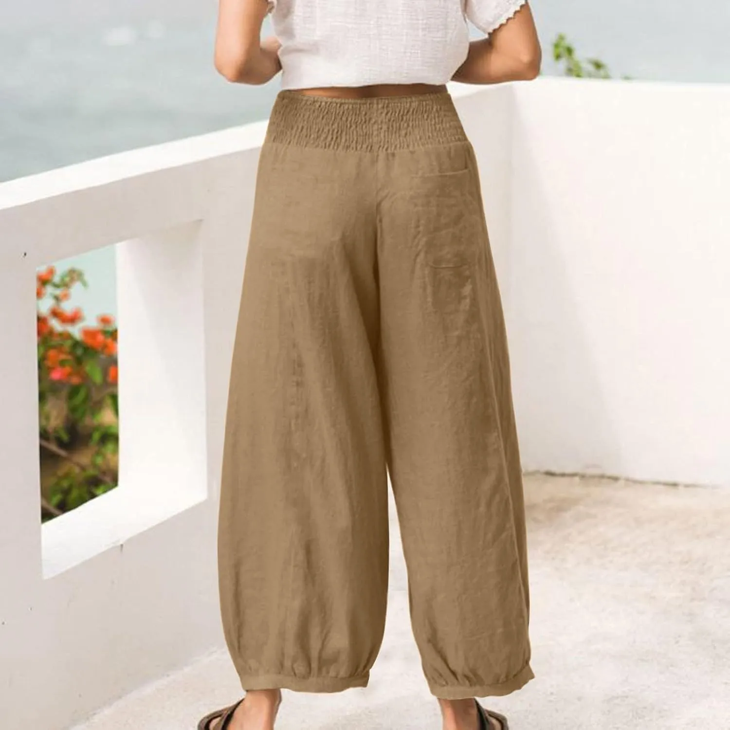 Dress Pants Women Plus Size Elastic Waist Summer Linen Pants Wide Leg Flowy Loose Fit Lightweight Beach Trousers