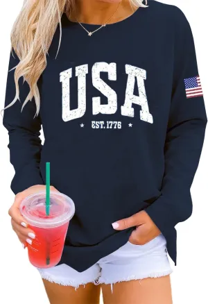 Dressmine Womens Usa Sweatshirt Long Sleeve Graphic 4Th Of July Flag Shirts 2025 Cute Knit Casual Pullover