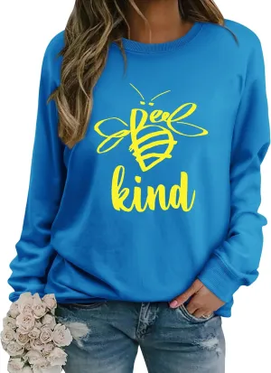 Dresswel Women's Be Kind Sweatshirt Cute Bee Graphic Crewneck Sweatshirt Funny Long Sleeve Teacher Shirts