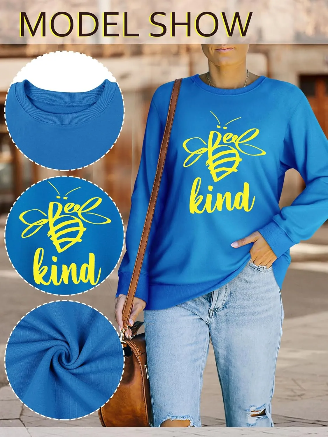 Dresswel Women's Be Kind Sweatshirt Cute Bee Graphic Crewneck Sweatshirt Funny Long Sleeve Teacher Shirts