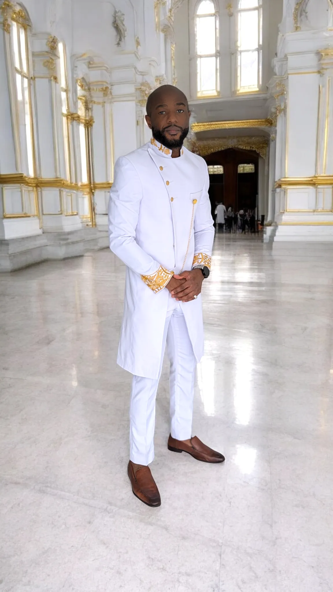Dupsie's Regal White and Gold Embroidered Idris African Suit Set DPASSWG1