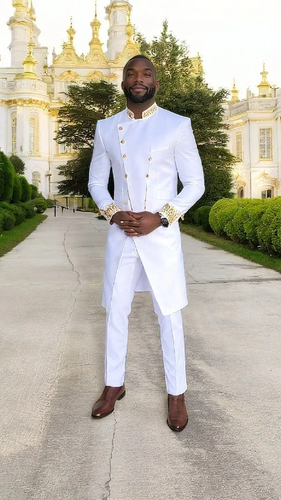 Dupsie's Regal White and Gold Embroidered Idris African Suit Set DPASSWG1