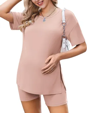 Ekouaer Women's Maternity Pajamas Sets 2 Piece Outfits Short Sleeve Shirts and Biker Shorts Pregnancy Loungewear Mama Clothes