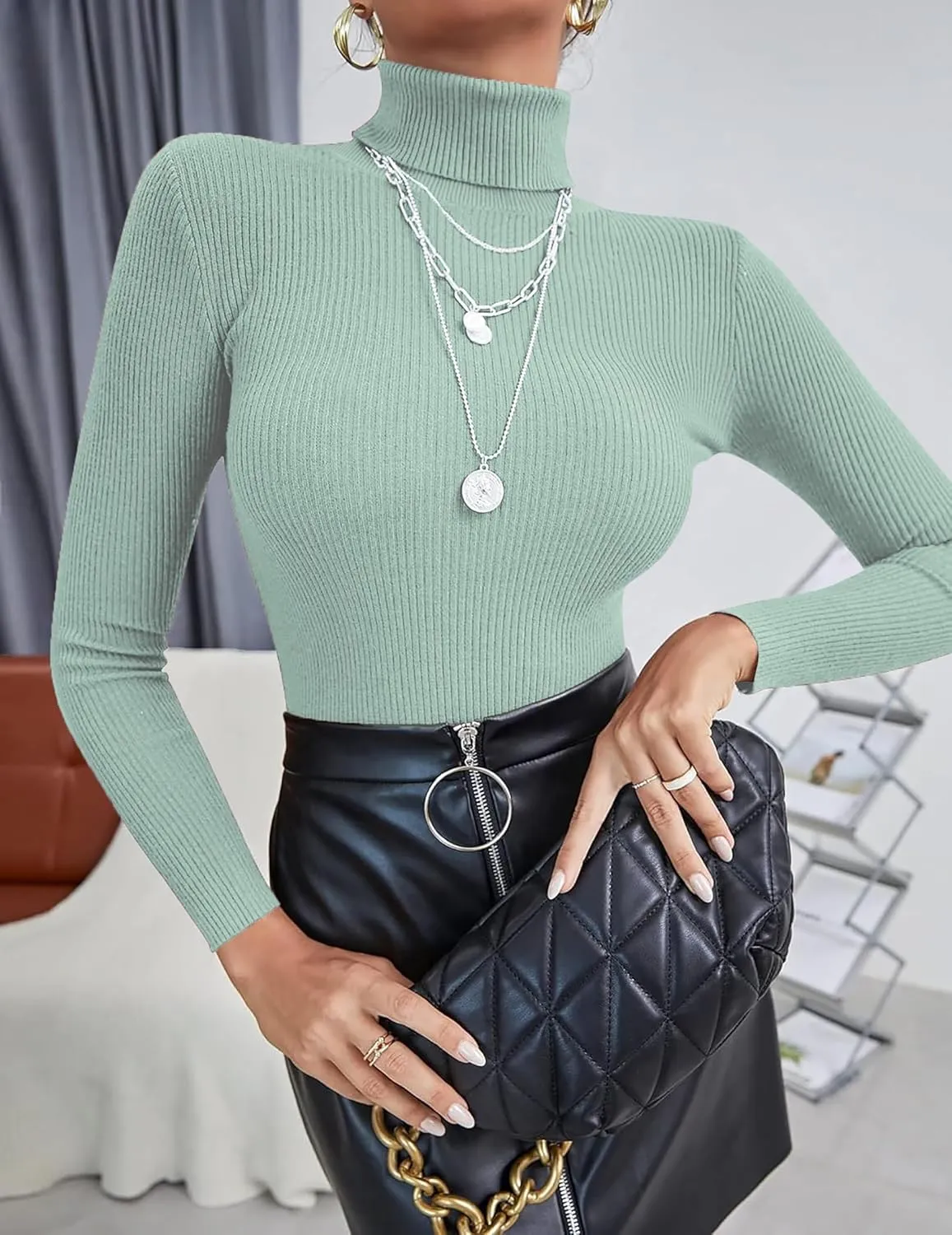 Ekouaer Women's Turtleneck Tops Ribbed Pullover Sweater Long Sleeves Shirts Midweight Thermal Underwear Blouse