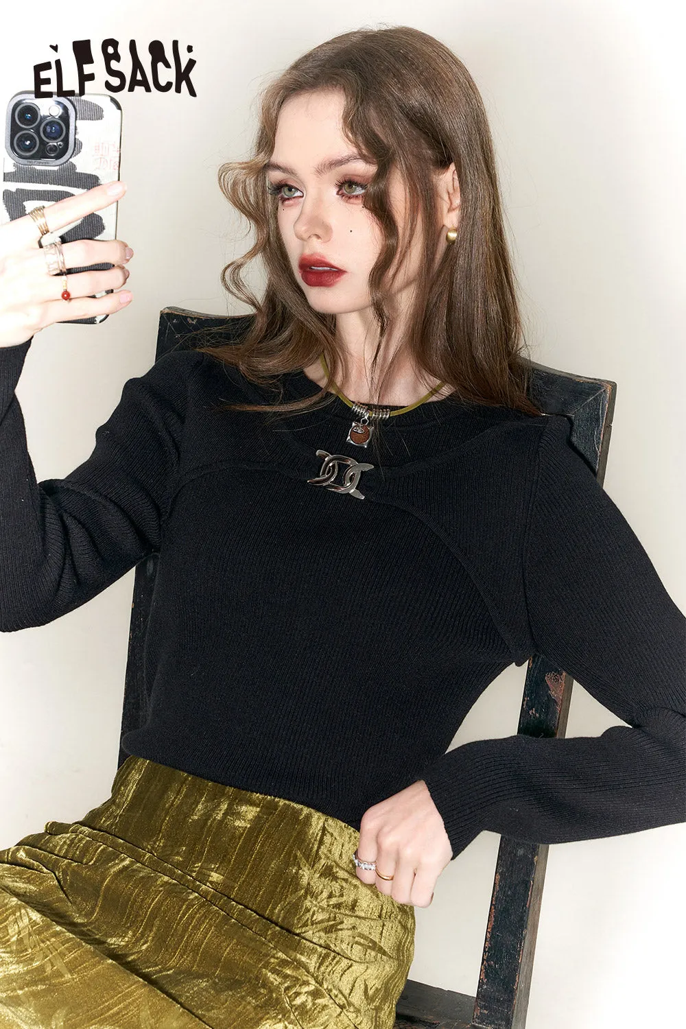 ELFSACK New Chinese Style Slim Knitwear Women 2023 Winter Solid Color Designer Tops