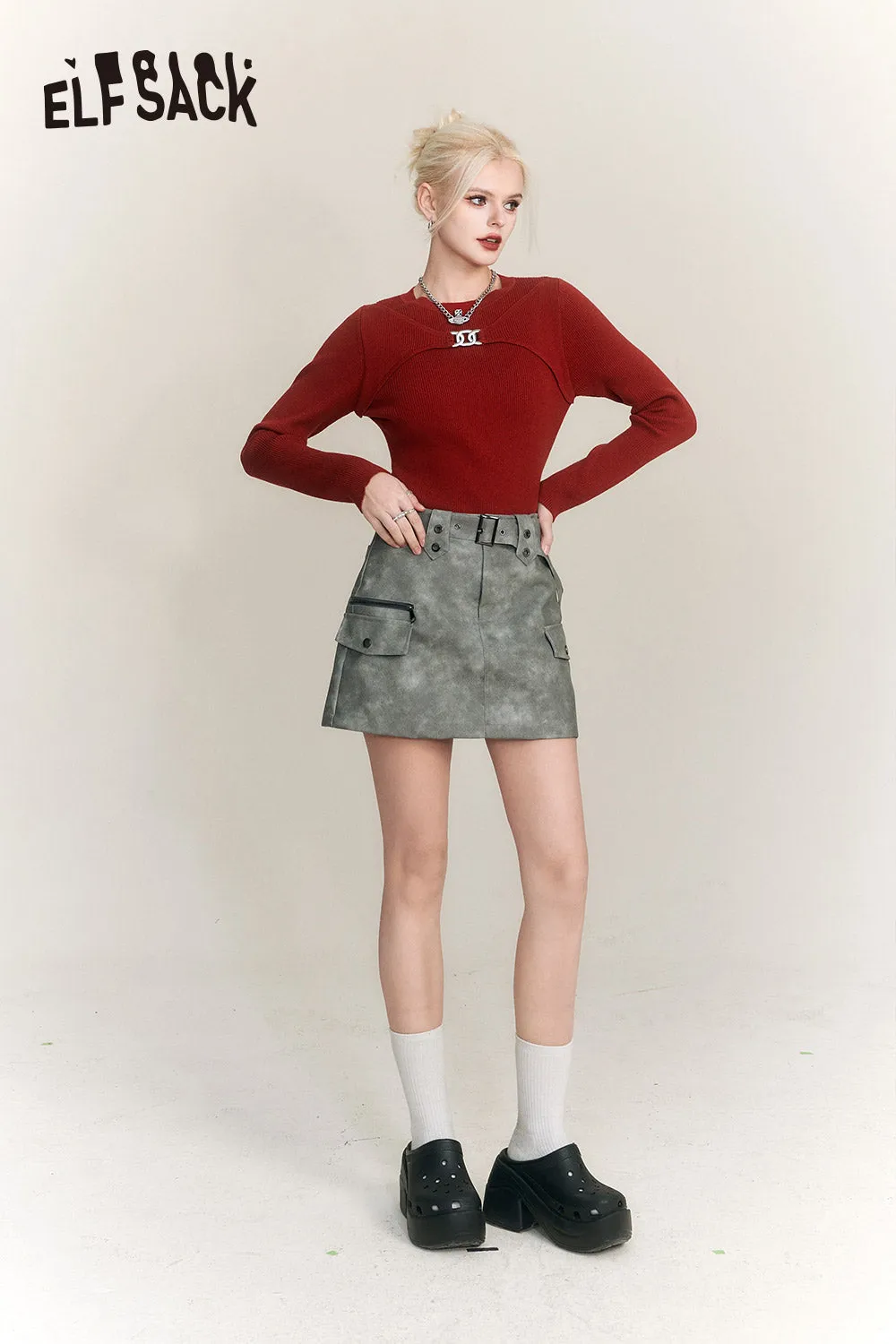 ELFSACK New Chinese Style Slim Knitwear Women 2023 Winter Solid Color Designer Tops
