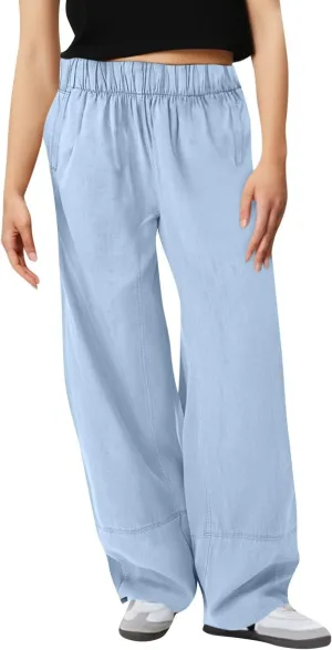 fanmpghleoo Wide Leg Linen Pants for Women Elastic High Waisted Palazzo Pants Summer Beach Travel Linen Trousers with Pockets