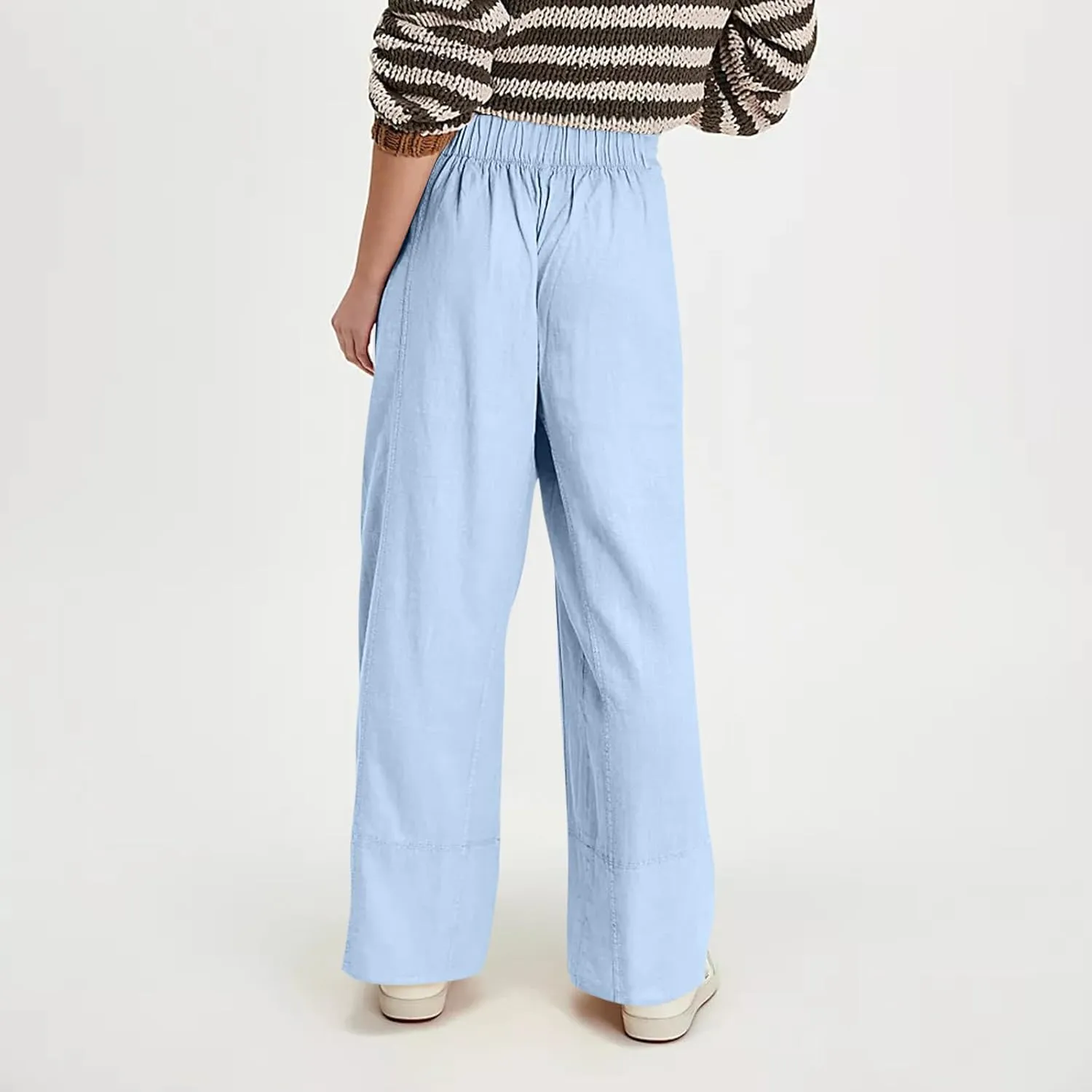 fanmpghleoo Wide Leg Linen Pants for Women Elastic High Waisted Palazzo Pants Summer Beach Travel Linen Trousers with Pockets