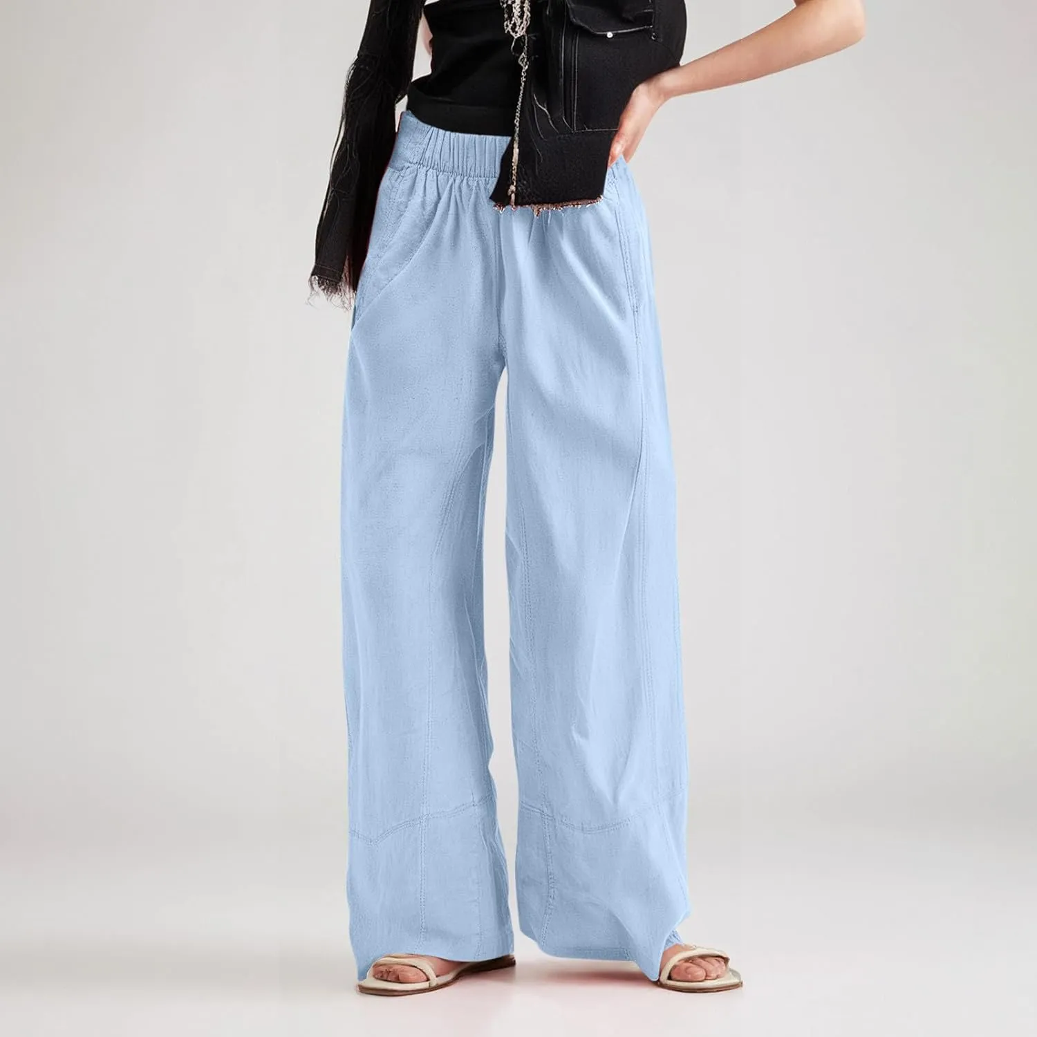 fanmpghleoo Wide Leg Linen Pants for Women Elastic High Waisted Palazzo Pants Summer Beach Travel Linen Trousers with Pockets