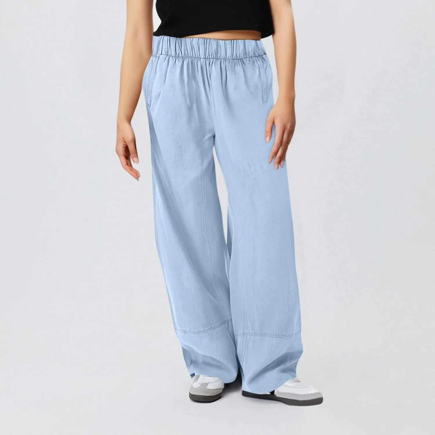 fanmpghleoo Wide Leg Linen Pants for Women Elastic High Waisted Palazzo Pants Summer Beach Travel Linen Trousers with Pockets