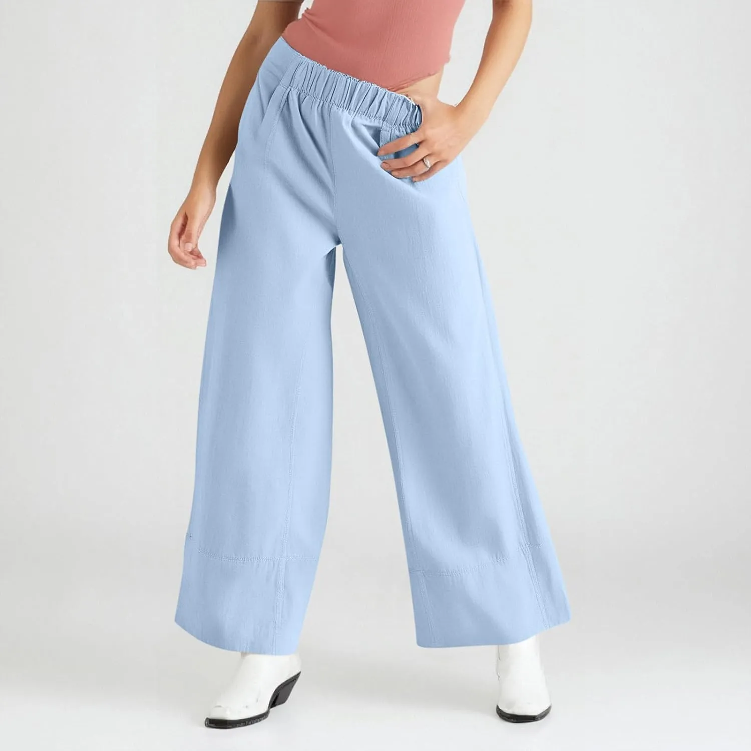 fanmpghleoo Wide Leg Linen Pants for Women Elastic High Waisted Palazzo Pants Summer Beach Travel Linen Trousers with Pockets