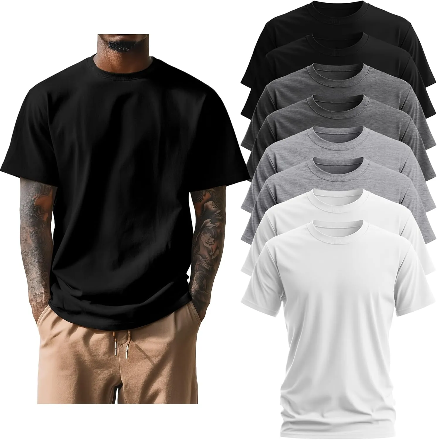 Ficerd 8 Pack Men's Big and Tall Shirts Short Sleeve Cotton Tee Summer Crew Neck Top Multipack