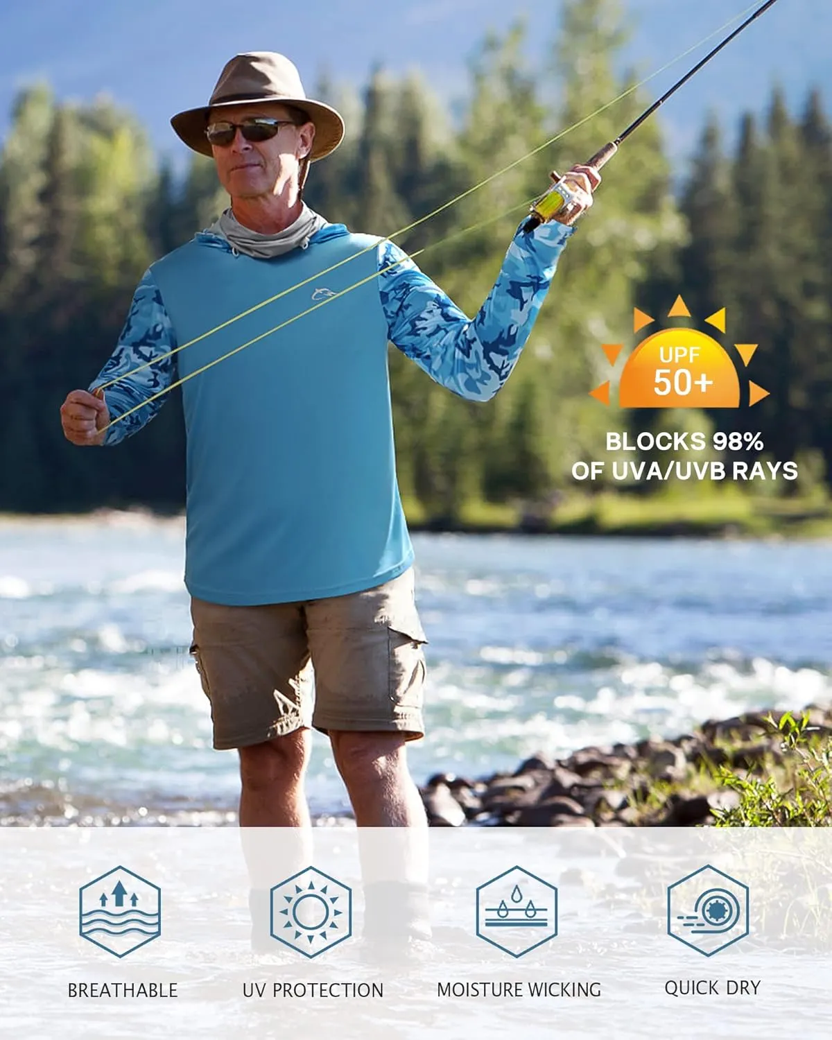FISHEAL Men's Performance Fishing Hoodie Shirt - UPF 50  UV Sun Protection Long Sleeve Shirts with Mesh Face Mask