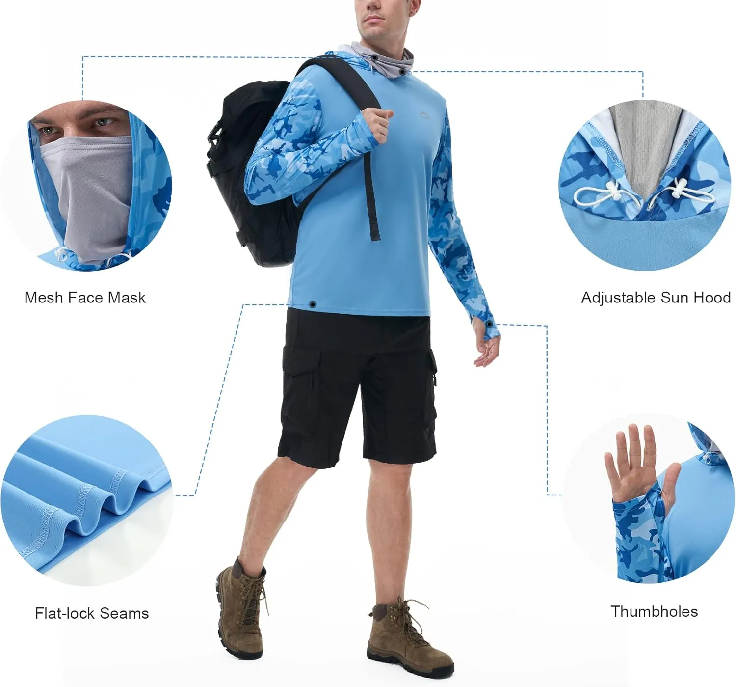 FISHEAL Men's Performance Fishing Hoodie Shirt - UPF 50  UV Sun Protection Long Sleeve Shirts with Mesh Face Mask