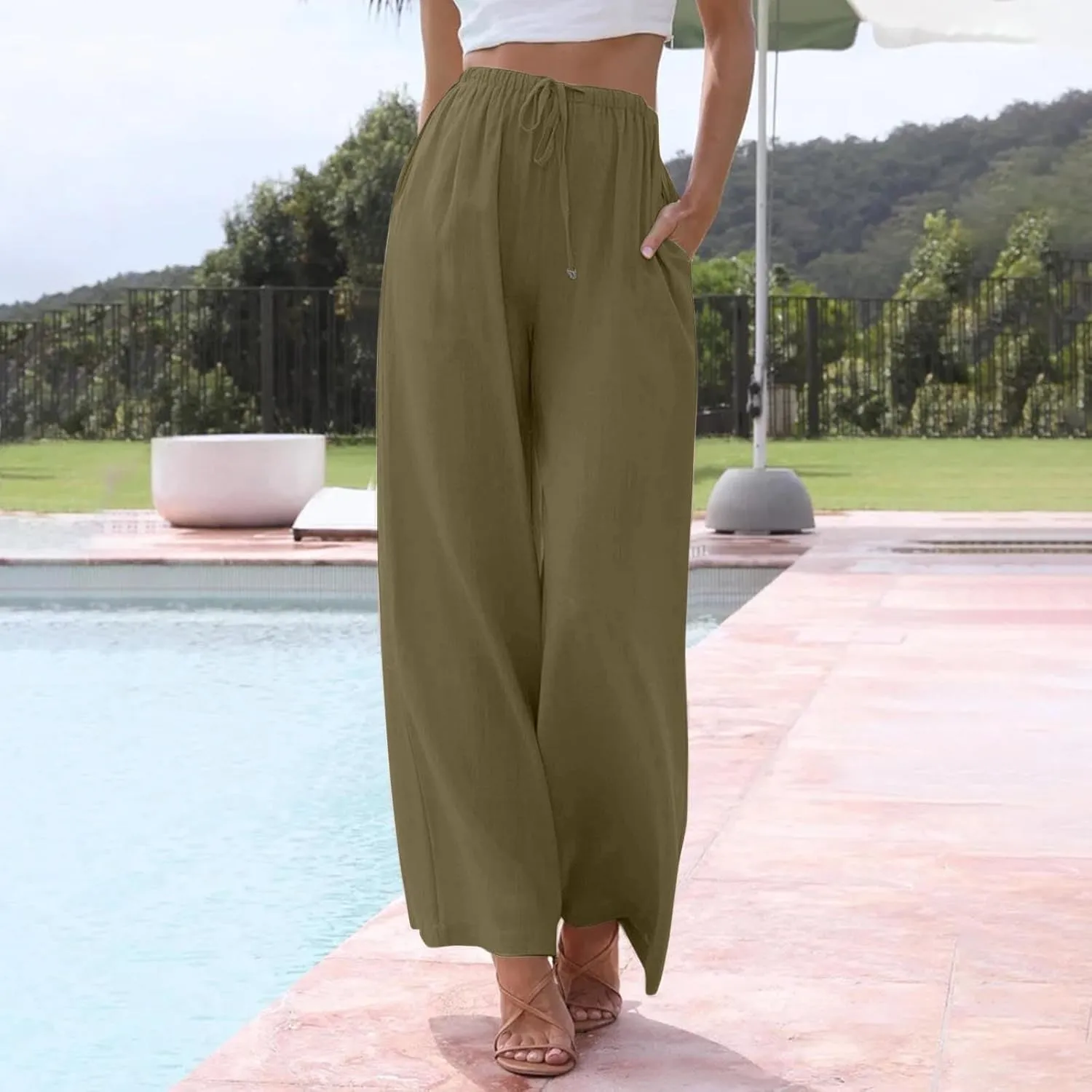 Flowy Linen Pants Women Summer Casual Loose Boho Beach Pants Drawstring High Waisted Palazzo Pants Beach Trousers