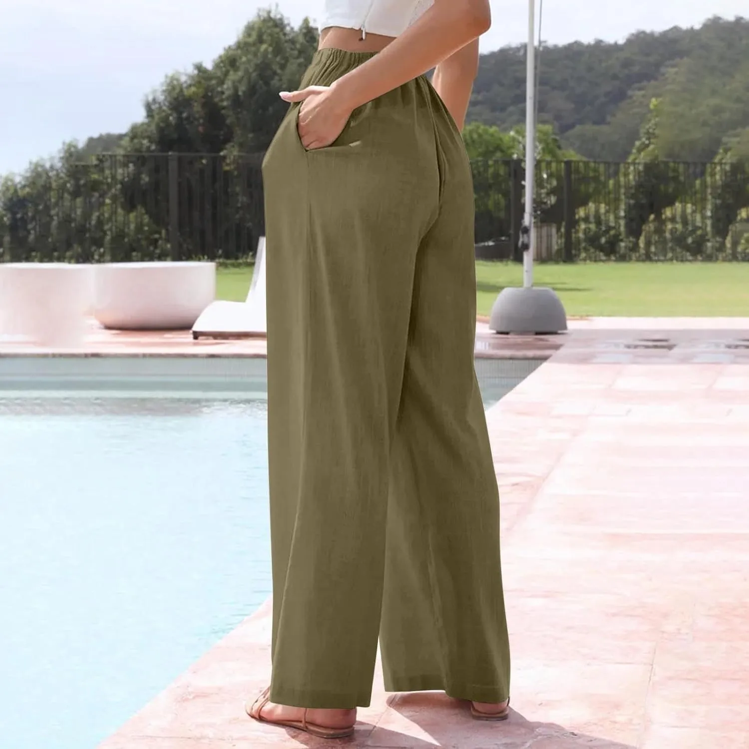Flowy Linen Pants Women Summer Casual Loose Boho Beach Pants Drawstring High Waisted Palazzo Pants Beach Trousers