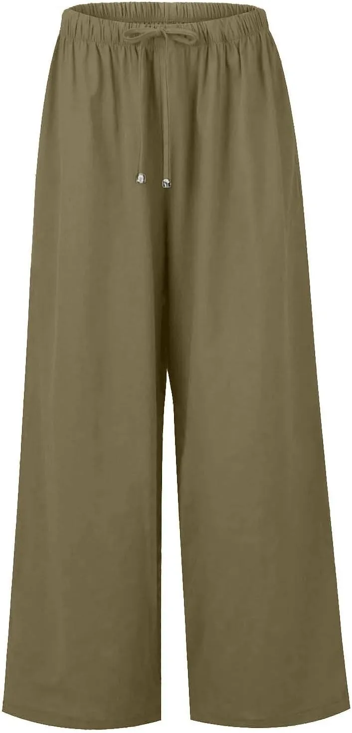 Flowy Linen Pants Women Summer Casual Loose Boho Beach Pants Drawstring High Waisted Palazzo Pants Beach Trousers