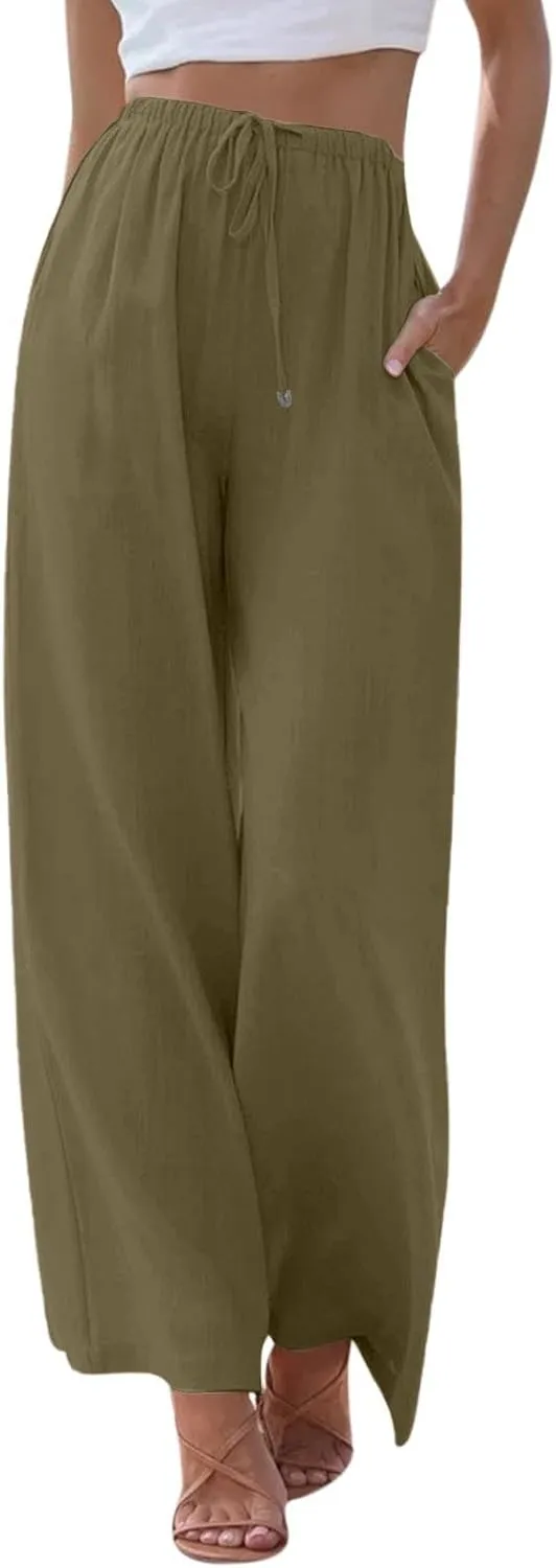 Flowy Linen Pants Women Summer Casual Loose Boho Beach Pants Drawstring High Waisted Palazzo Pants Beach Trousers