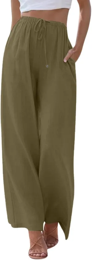 Flowy Linen Pants Women Summer Casual Loose Boho Beach Pants Drawstring High Waisted Palazzo Pants Beach Trousers