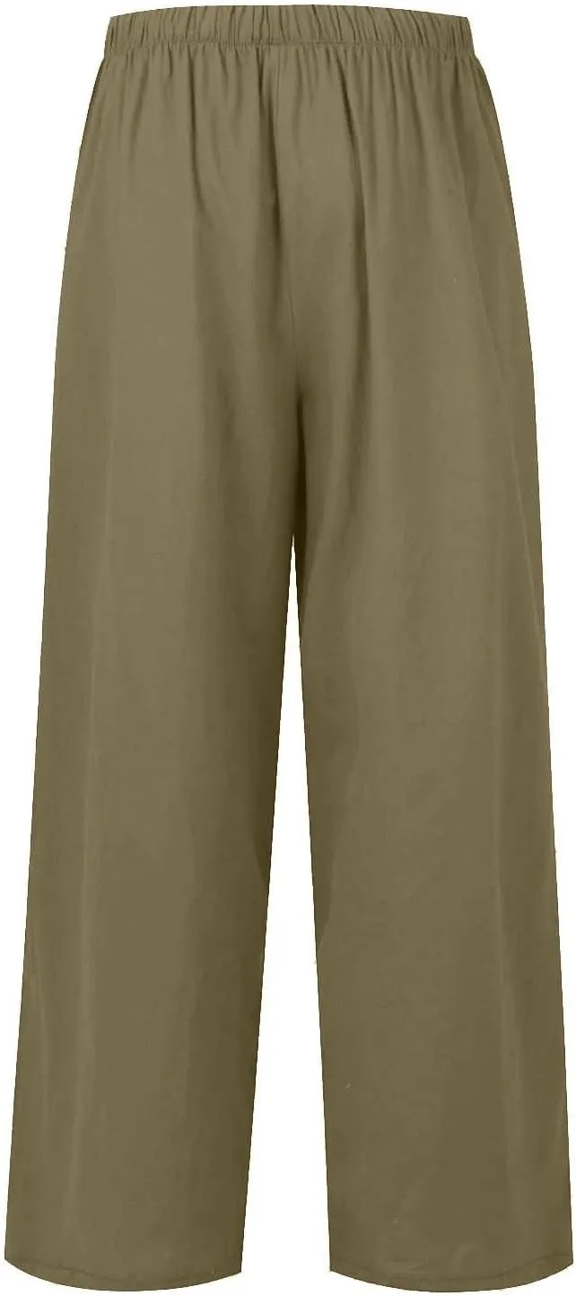 Flowy Linen Pants Women Summer Casual Loose Boho Beach Pants Drawstring High Waisted Palazzo Pants Beach Trousers
