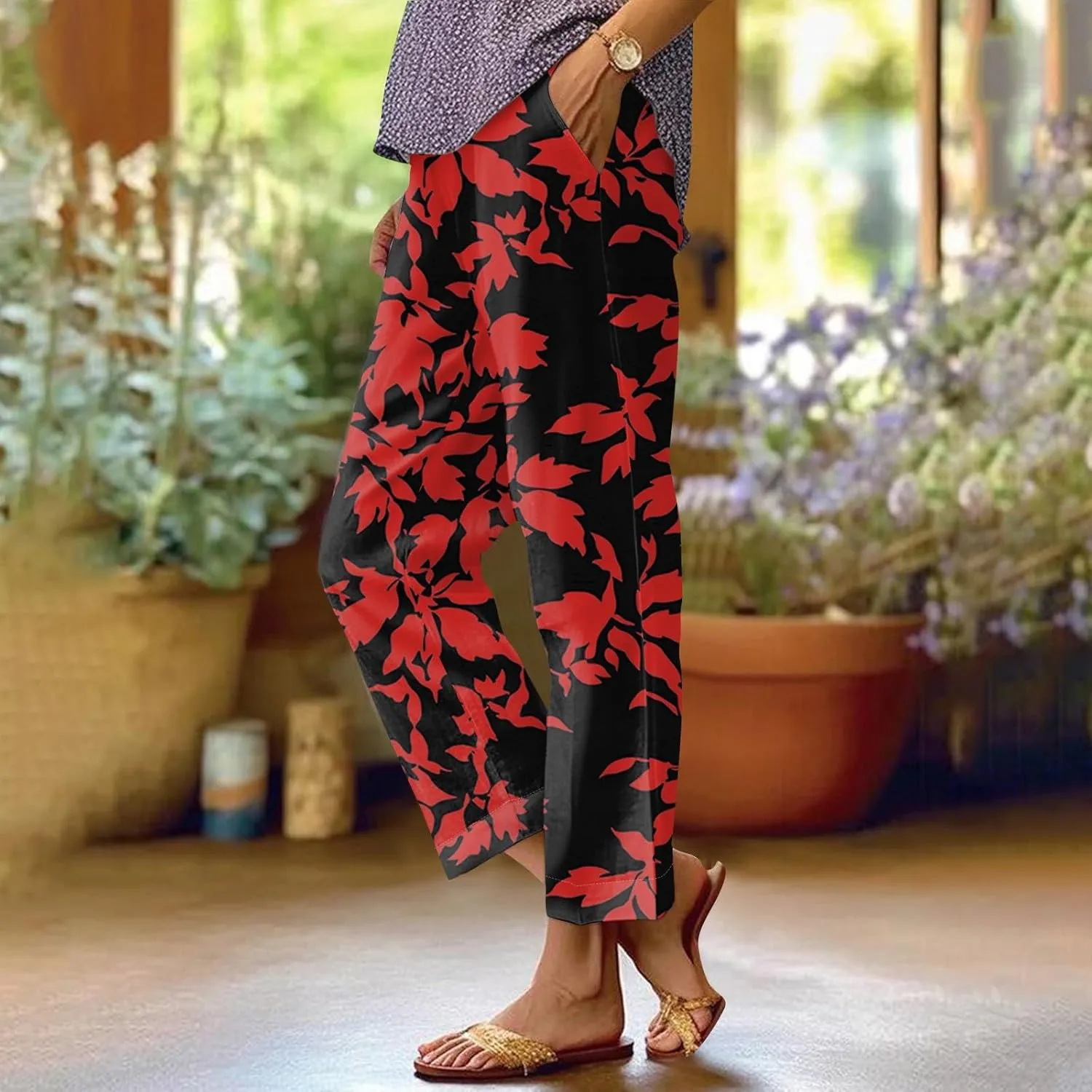 Flowy Pants for Women Boho Summer Linen Pants High Waisted Wide Leg Palazzo Pant Floral Beach Pant with Pockets