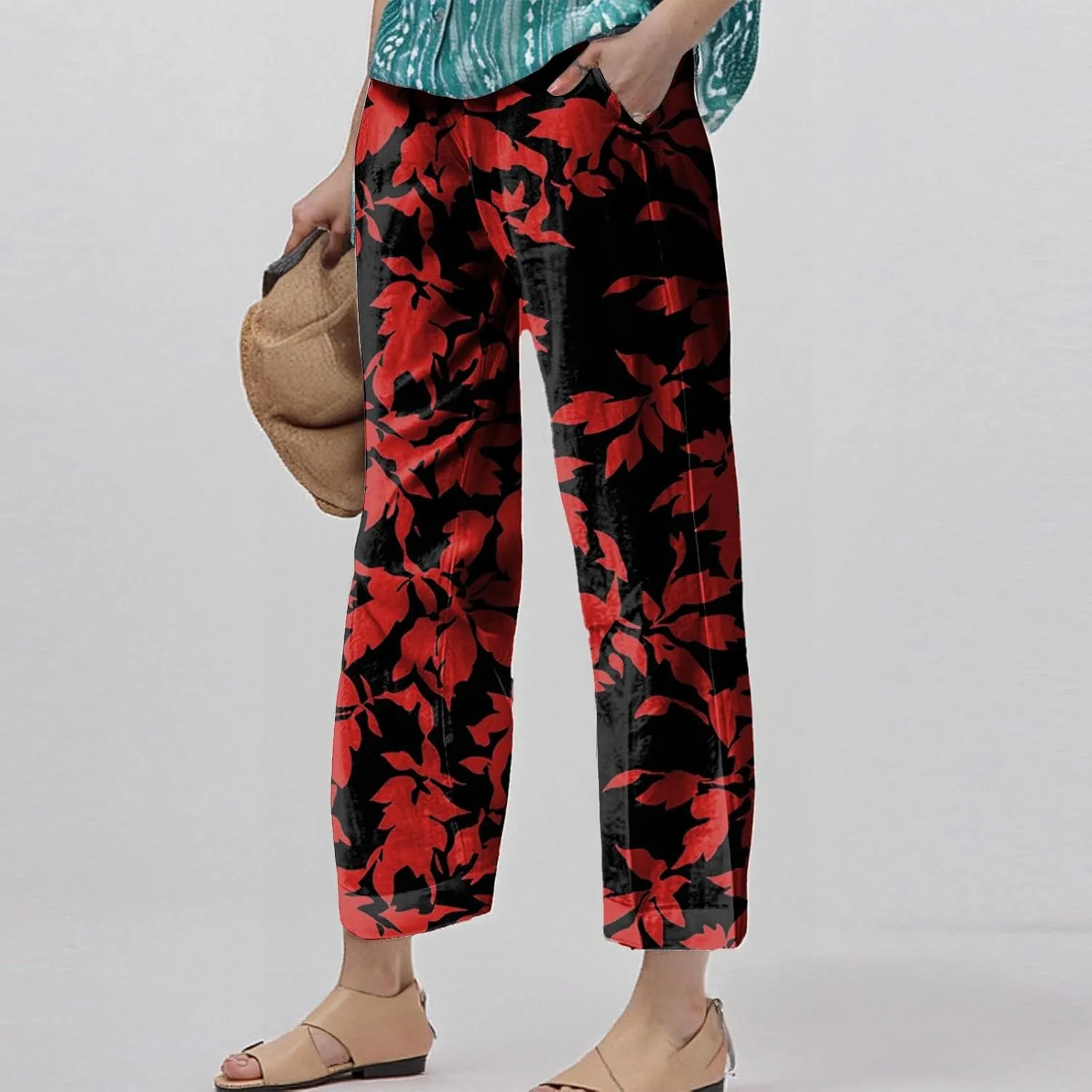 Flowy Pants for Women Boho Summer Linen Pants High Waisted Wide Leg Palazzo Pant Floral Beach Pant with Pockets