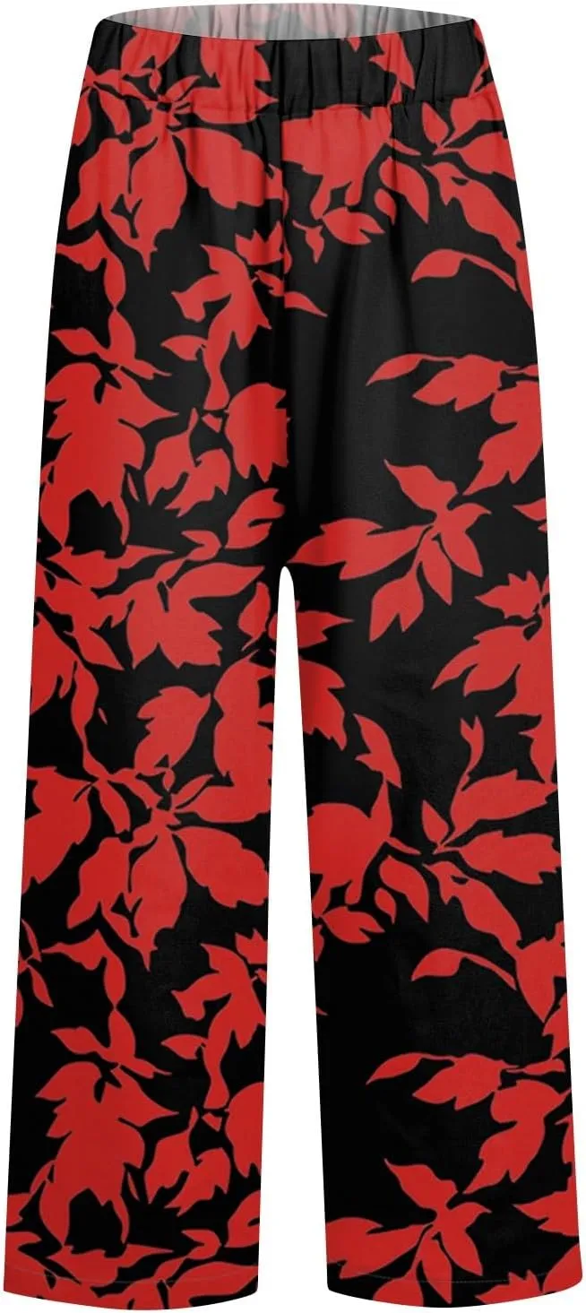 Flowy Pants for Women Boho Summer Linen Pants High Waisted Wide Leg Palazzo Pant Floral Beach Pant with Pockets
