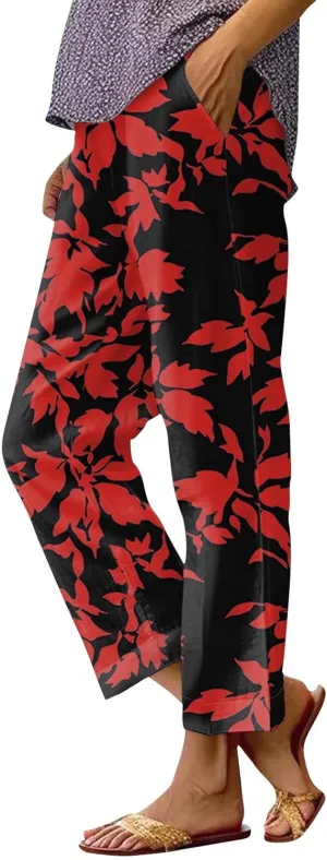 Flowy Pants for Women Boho Summer Linen Pants High Waisted Wide Leg Palazzo Pant Floral Beach Pant with Pockets