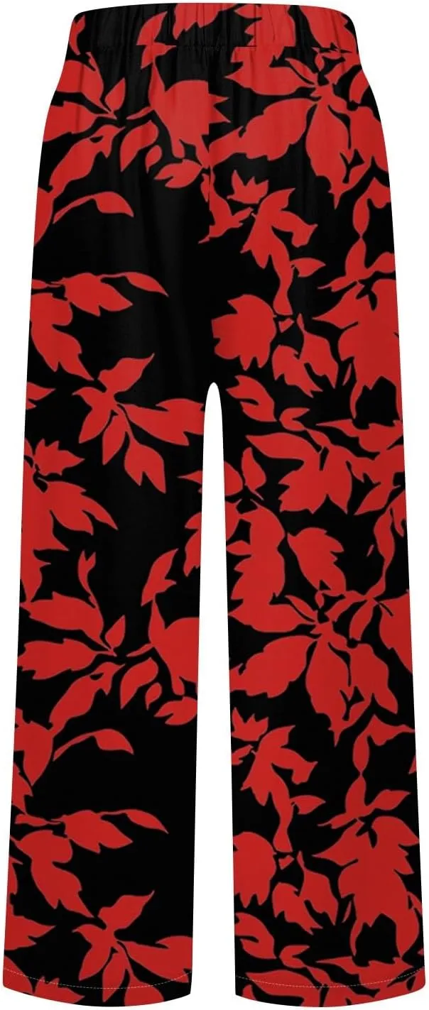 Flowy Pants for Women Boho Summer Linen Pants High Waisted Wide Leg Palazzo Pant Floral Beach Pant with Pockets